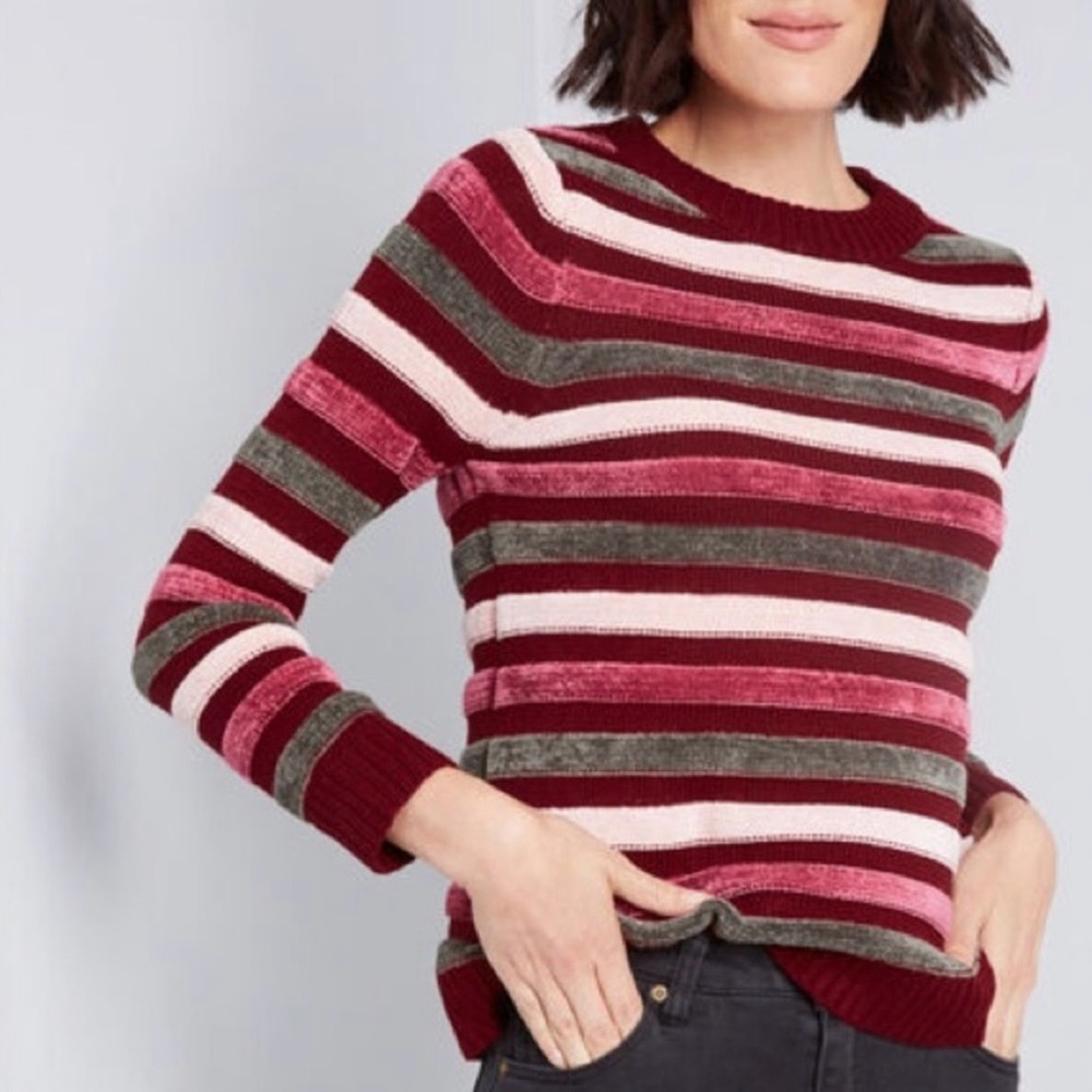 ModCloth red striped chenille knit crew neck sweater size small